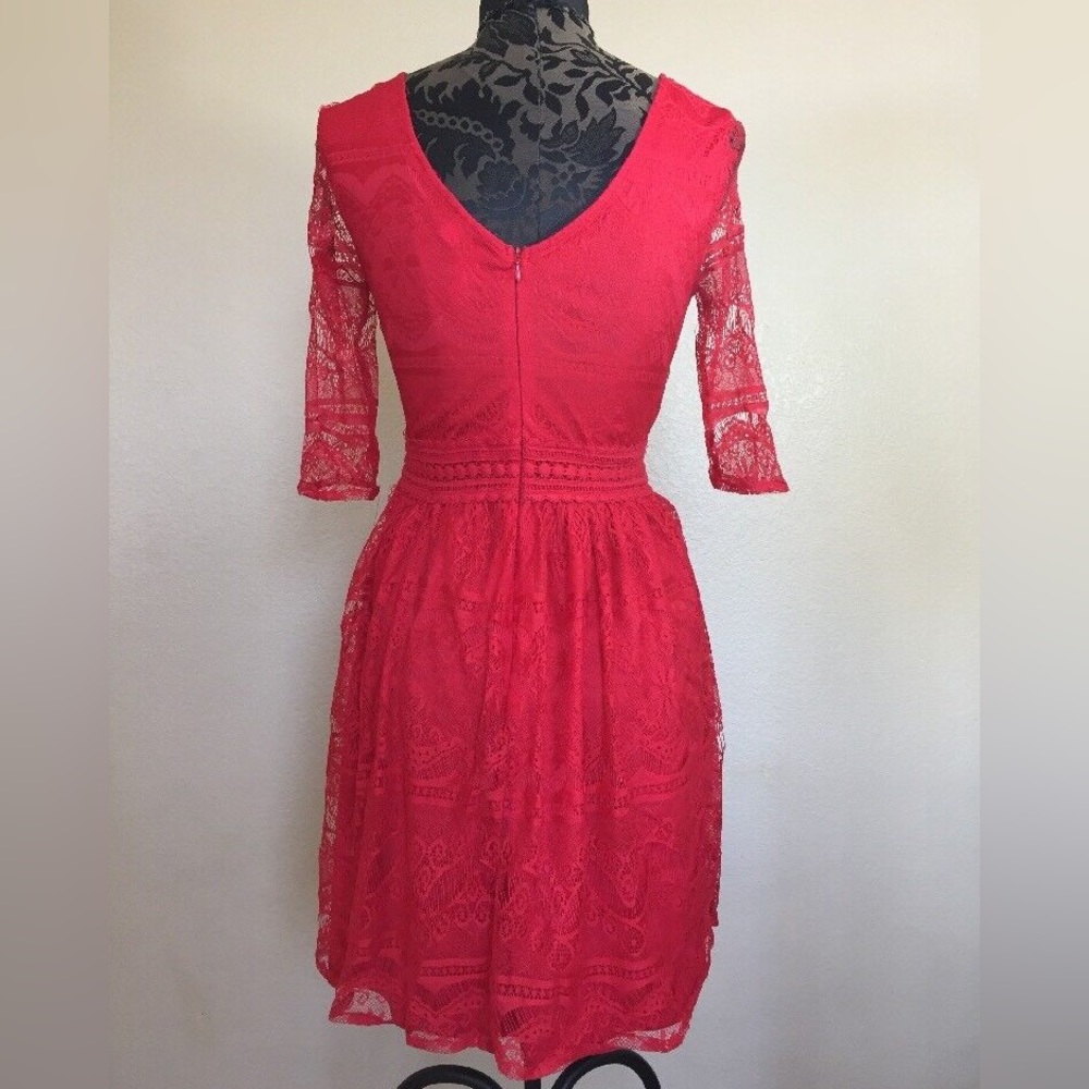 Alya Red Lace Dress Small Mini Sheer Sleeve Festive Party - Picture 2 of 6